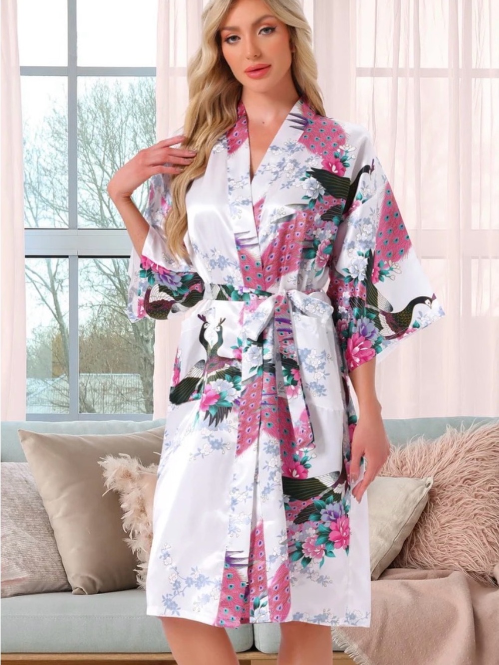 Satin Floral Crane Kimono Robe - Pink & White